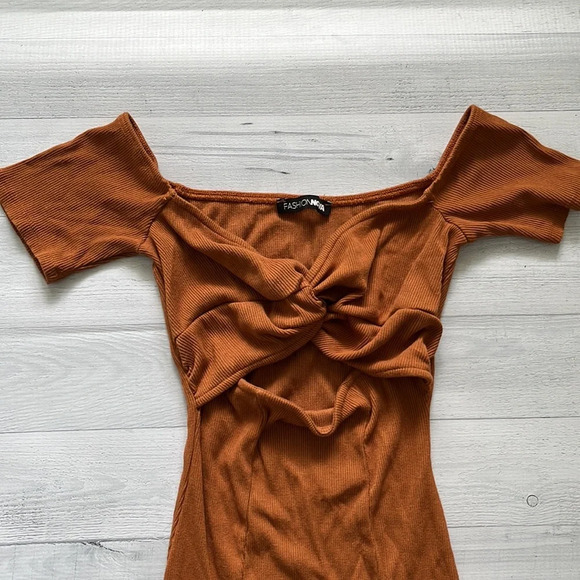 Fashion Nova Cognac Stretchy Front Tie Cut Out Mini Dress XS - Picture 3 of 5